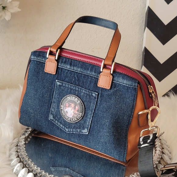 Nikky By Nicole Lee Print Denim Bag Adjustable Removable Strap Crystal Multi Col - Picture 15 of 16